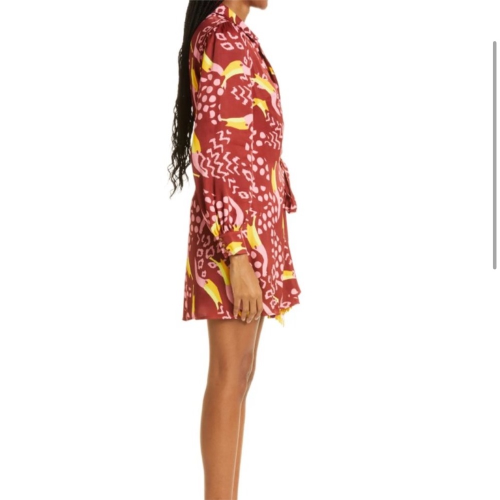 Farm Rio Toucanissimo Mini Dress NWT XS Burgundy Puff Sleeve Boho Style - Picture 2 of 10